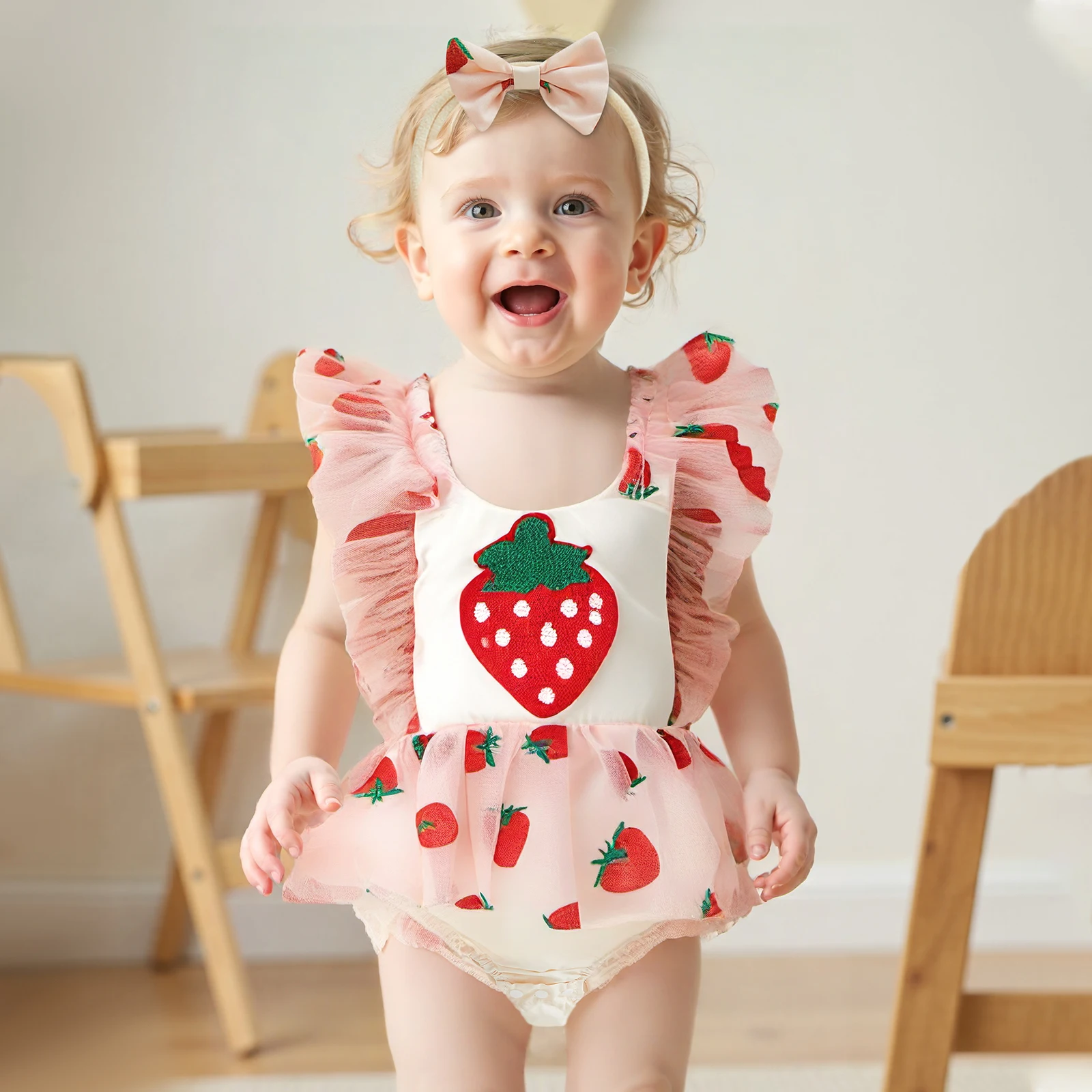 Baby Girl Summer Lace Mesh Bodysuits Outfit Strawberry Embroidery Fly Sleeve Romper Dress Bow Headband 2 Piece Set