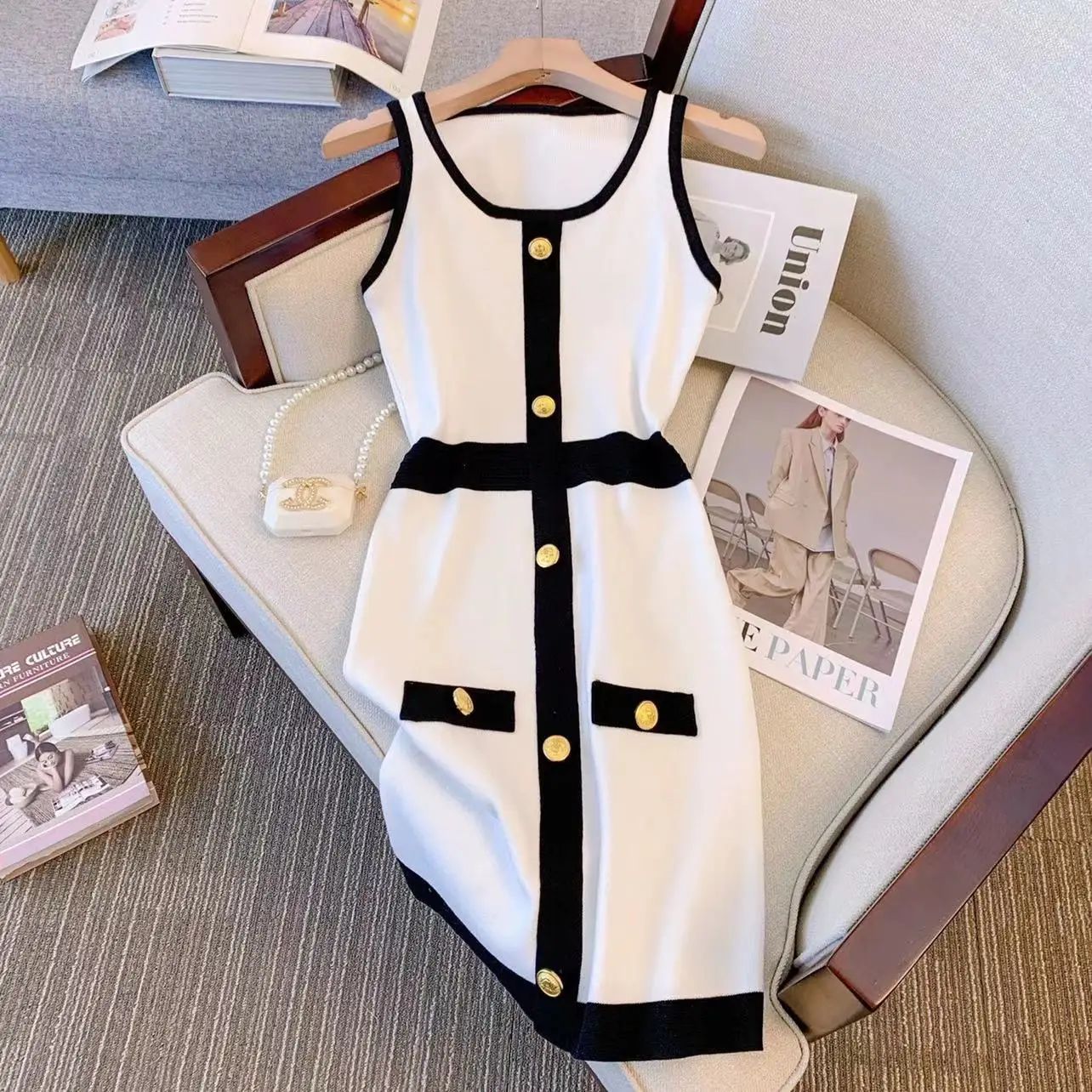 فستان قصير محبوك للنساء صيفي كاجوال معدني بصدر واحد فساتين نحيفة عالية الخصر أنيقة برقبة دائرية بدون أكمام #2