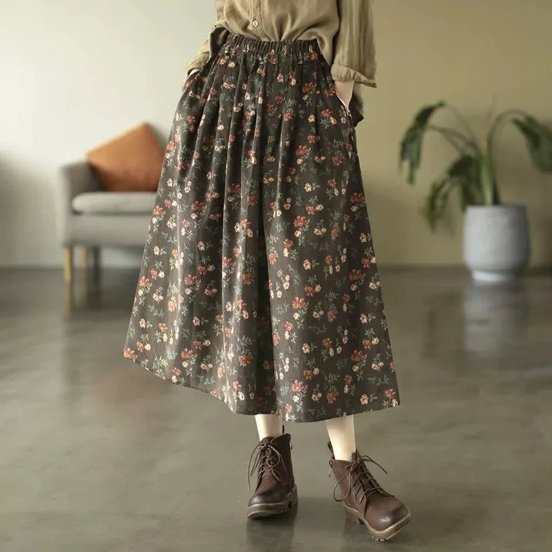 

Vintage Floral Corduroy Midi Skirt Women's A-Line High Waist Spring Autumn New Sle Loose Fit Printed Commute Faion
