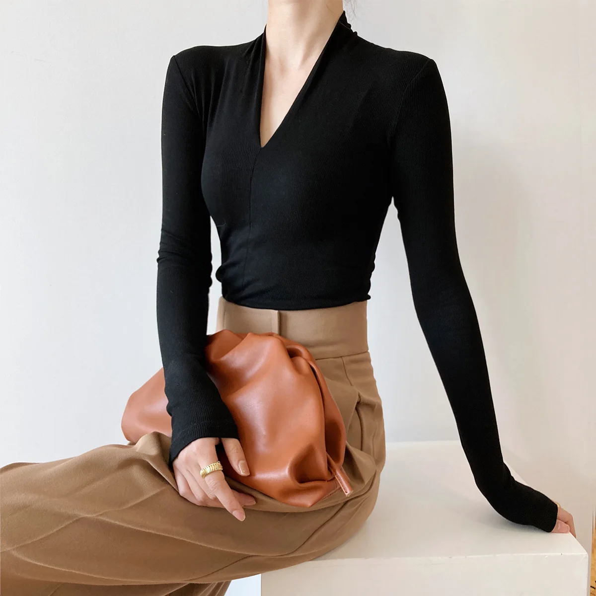 

Women Tops Sexy Top V Neck Full Sleeve Solid Casual Tees Y2k Streetwear Tight Waist Elegant Work Regular Slim Fit 2026 Spring