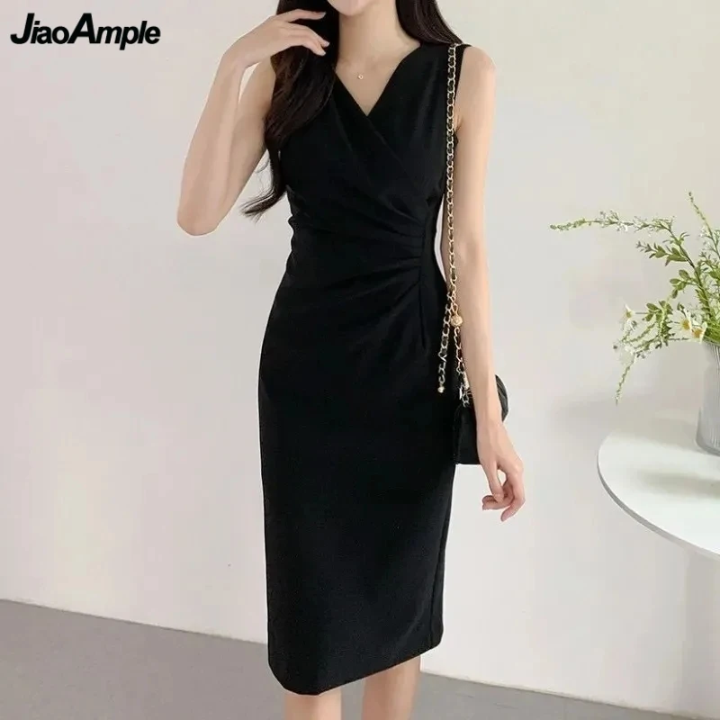 

Women Summer Slim Black Sleeveless Suit Dress 2024 Korean Office Lady New Graceful V-Neck Wrap Hips Dresses Workwear Female