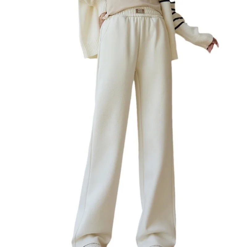 ハイウエストカシミヤワイドレッグパンツ レディース 秋冬 ドレープストレートカットパンツ 裏起毛カジュアルパンツ