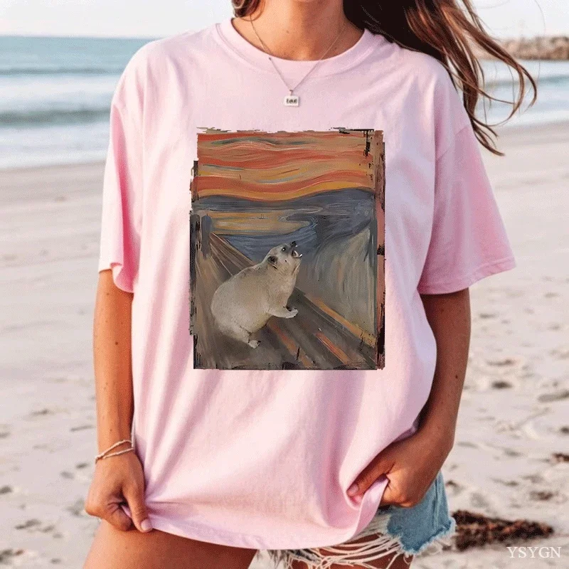 Hyrax Scream Parody Meme T-Shirt Women's Vintage Short Sleeve Crew Neck T-Shirt Loose Casual Women's Clothing Graphic T Shirts