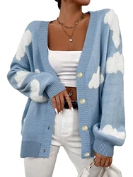 Women's sweater long sleeved cardigan white cloud jacquard medium long style for spring, autumn and winter