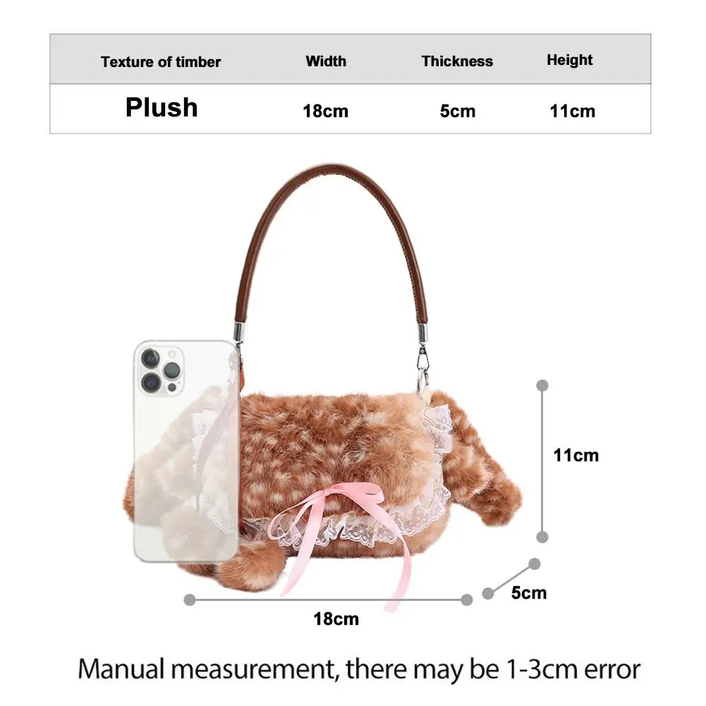 Lolita Plush Handbag Cute Lace & Bow Decor Faux Fur Shoulder Bag Vintage Brown Top-handle Bag Spotted Deer Pattern Underarm Bag view 6