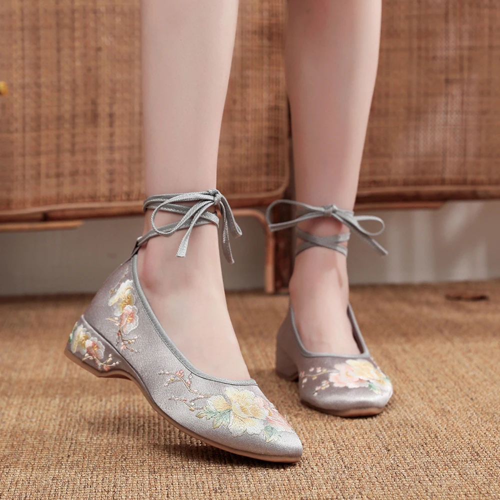 Veowalk Long Ankle Strap Summer Women Gauze Mesh Embroidered Ballet Flats Breathable Comfortable Walking Shoes for Elegant Lady