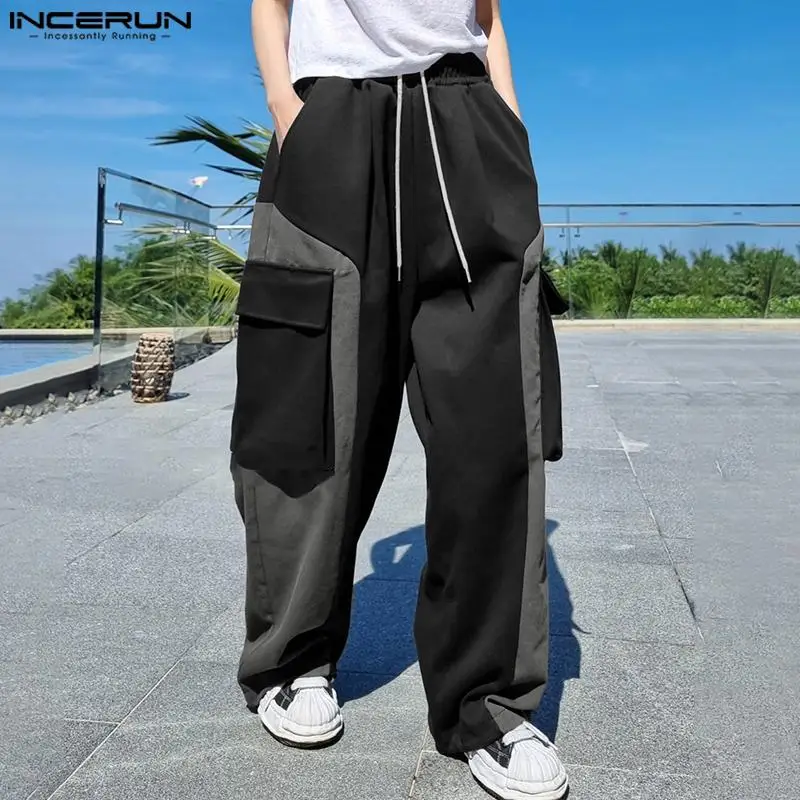 INCERUN 2024 Korean Style Trousers Fashion Men Contrasting Color Silhouette Pants Casual Streetwear Personality Pocket Pantalons