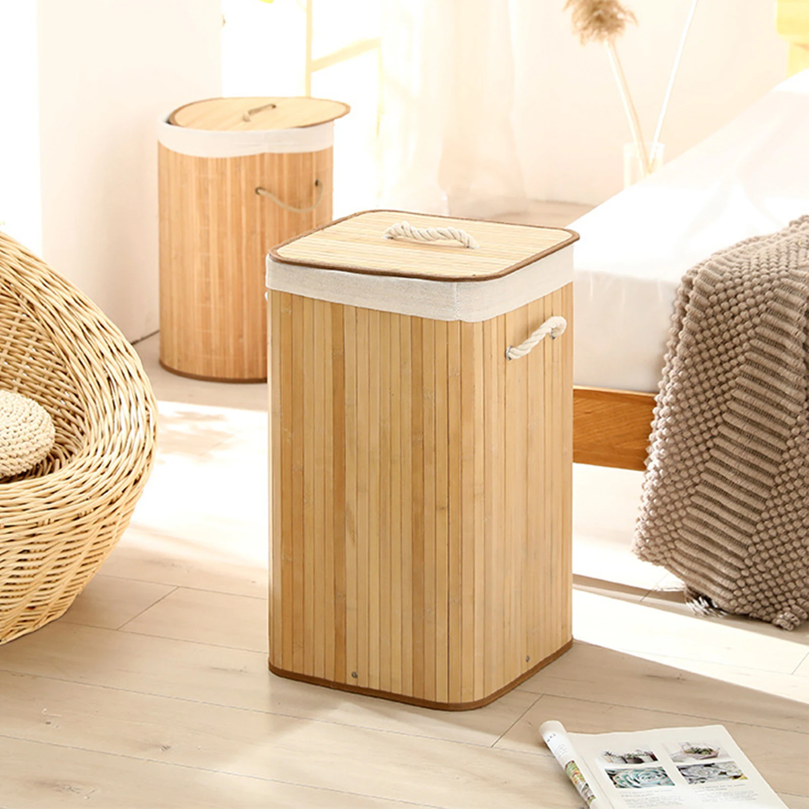 Clothes Basket Foldable Laundry Basket Grocery Basket Bamboo Large Capacity Dirty Clothes Storage Bucket for Home Laundry Hamper