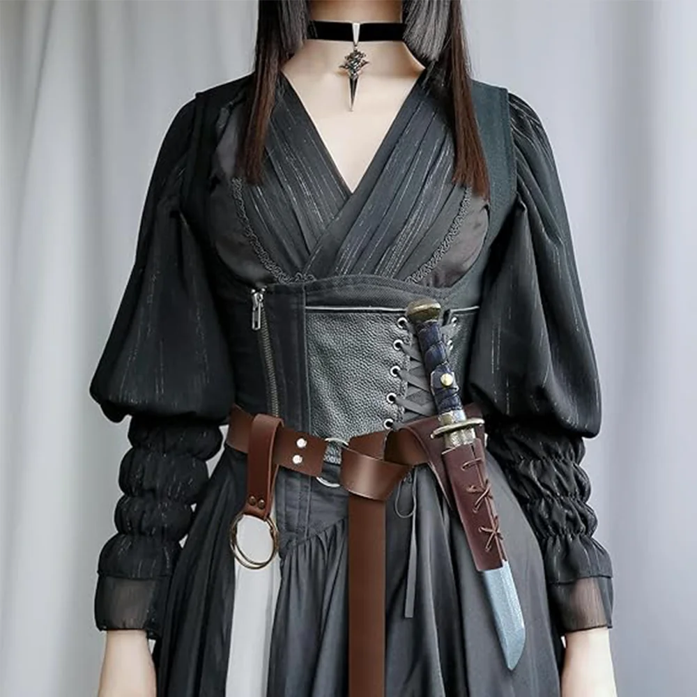 3PCS Brown Medieval Leather Sword Frog Dagger Holder Belt Rapier Scabbard Knight Renaissance Pirate Halloween Costume Cosplay