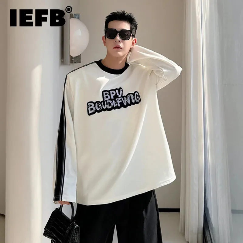 

IEFB Korean T-shirt 2024 New Trend Shoulder Pad Letter Printing Long Sleeved Loose Casual Top Summer Men's Clothing 9C5192