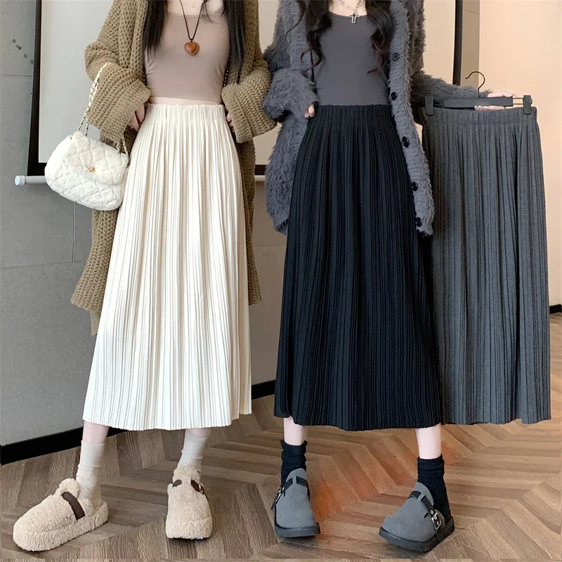 Fashion Pleated Dress Women Autumn Winter Elastic Waist A-line Woolen Long Skirt Streetwear