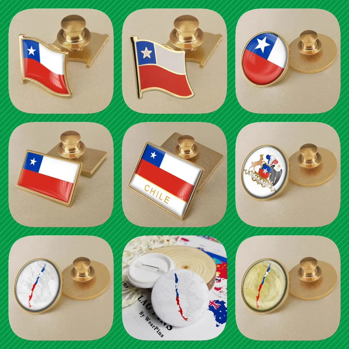 Chile Chilean Map Flag Emblem Flower Brooches Badges Lapel Pins