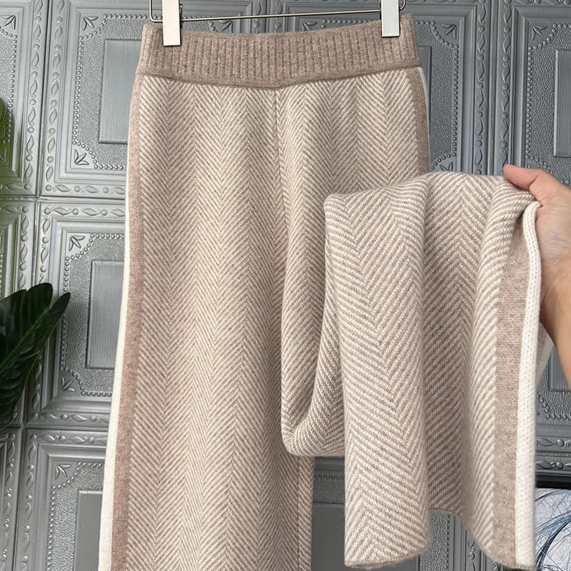 

Autumn Winter Knitted Wide Leg Pants Womens Warm Thicken Striped Straight Pantalones Korean Knit High Waist Oversize