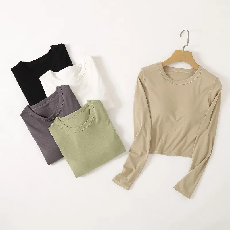 

Women's Long Sleeve Top Round neck exposed navel strap chest pad integrated Shirts inner T-Shirt Top Solidcolor