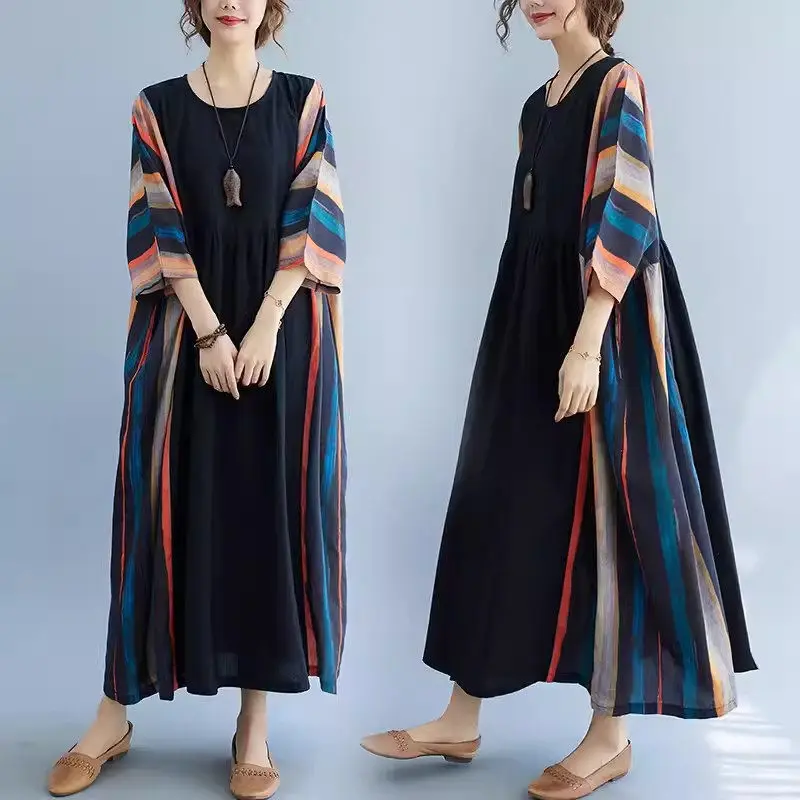 

Striped Patchwork Ramie Dress 2024 Summer Retro Oversized Loose Linen Long Dress Women's Clothing K022