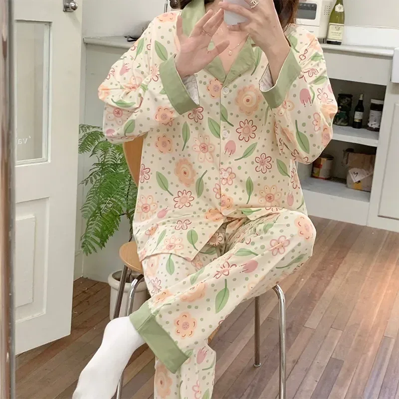 Long Sleepwear Skin-friendly Cherry Plus Sleeve Mujer Set Ruffle Homewear Size Print Breathable Top+pants Pajama