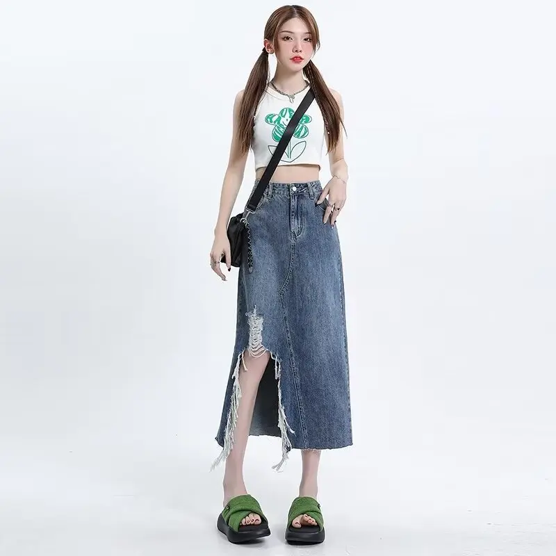 2024 New Retro High Waisted Baggy Slit Womens Clothing Button A-line Hot Girl 90S Y2K Skirts Design Denim Retro Blue Tassel Wash