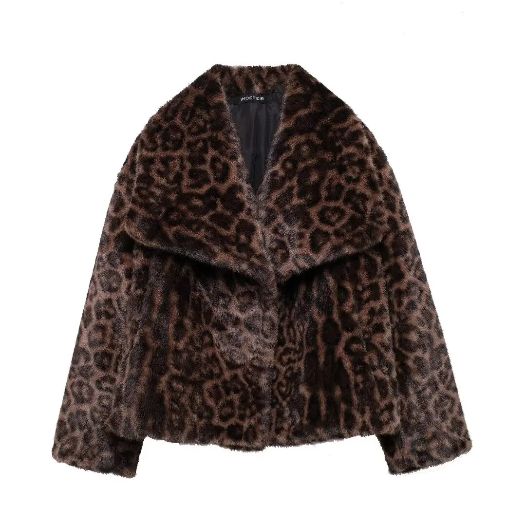 European and American style winter new fashion versatile lapel leopard print faux fur coat