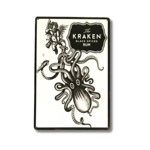 Kraken-letrero de Metal de estaño, barra de ron especiada negra, arte de Man Cave, licor de Alcohol