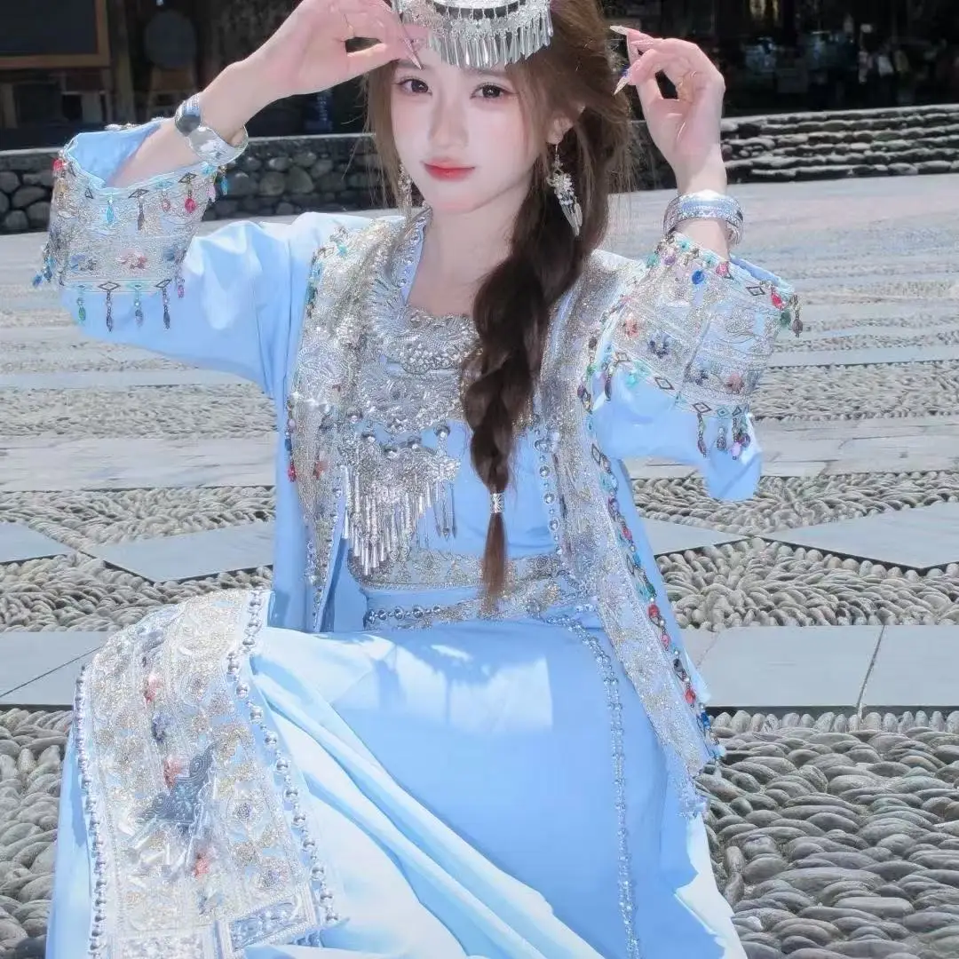 Elegant Blue Hmong Costume Women's Traditional Chinese Ethnic Minority Clothing Halloween Stage Performance Suits Hmong Hanfu