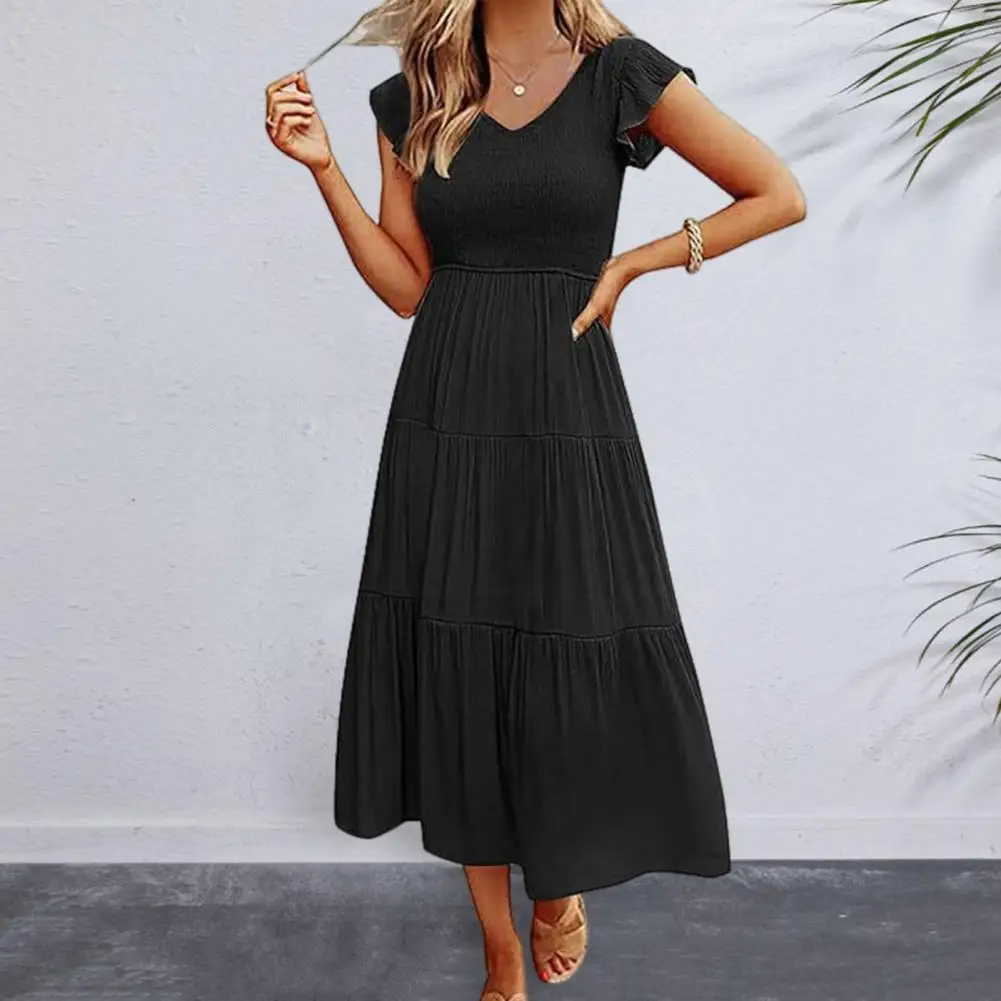 

V-neck A-line Dress Elegant Pleated A-line Midi Dress with Flying Sleeves V Neck Detail for Beach Wear or Commuting Elegant