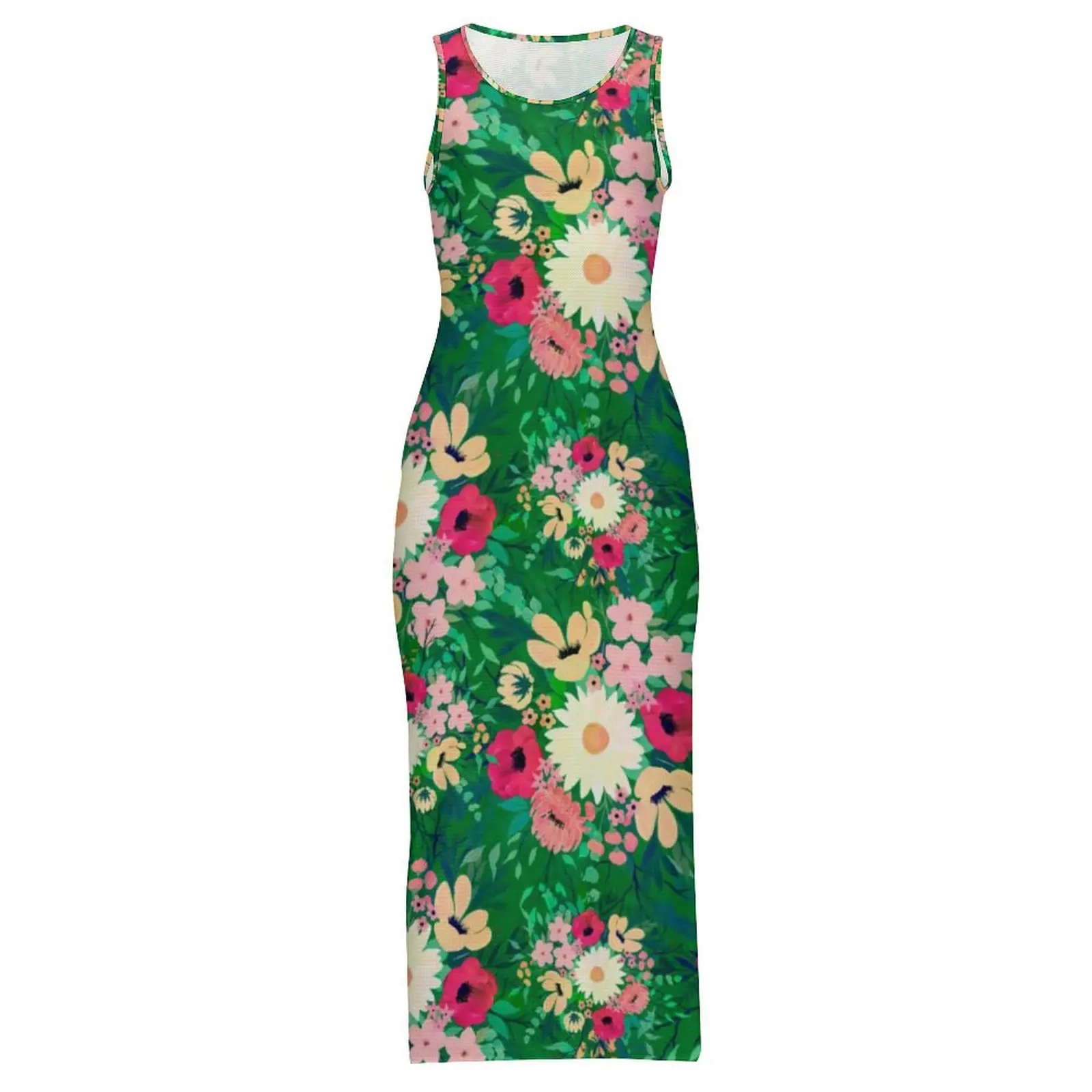 Watercolor Daisy Print Dress Sleeveless Colorful Floral Retro Maxi Dresses Summer Korean Fashion Graphic Bodycon Dress Big Size