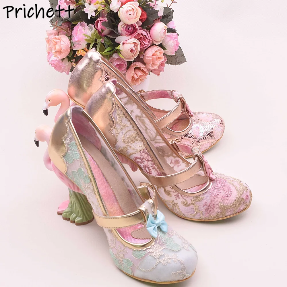 

Flamingo Heels Lace Pumps Air Mesh Bling Embroidery Flower Straight Strap Round Toe Pink Shoes Summer Unique Summer Pumps