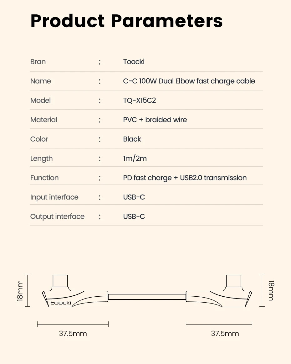Toocki USB Type C to USB C Cable 90 Degree Angle QC4.0 PD4.0 PD 100W Fast Charging for Macbook iPhone 18 Samsung Xiaomi Huawei