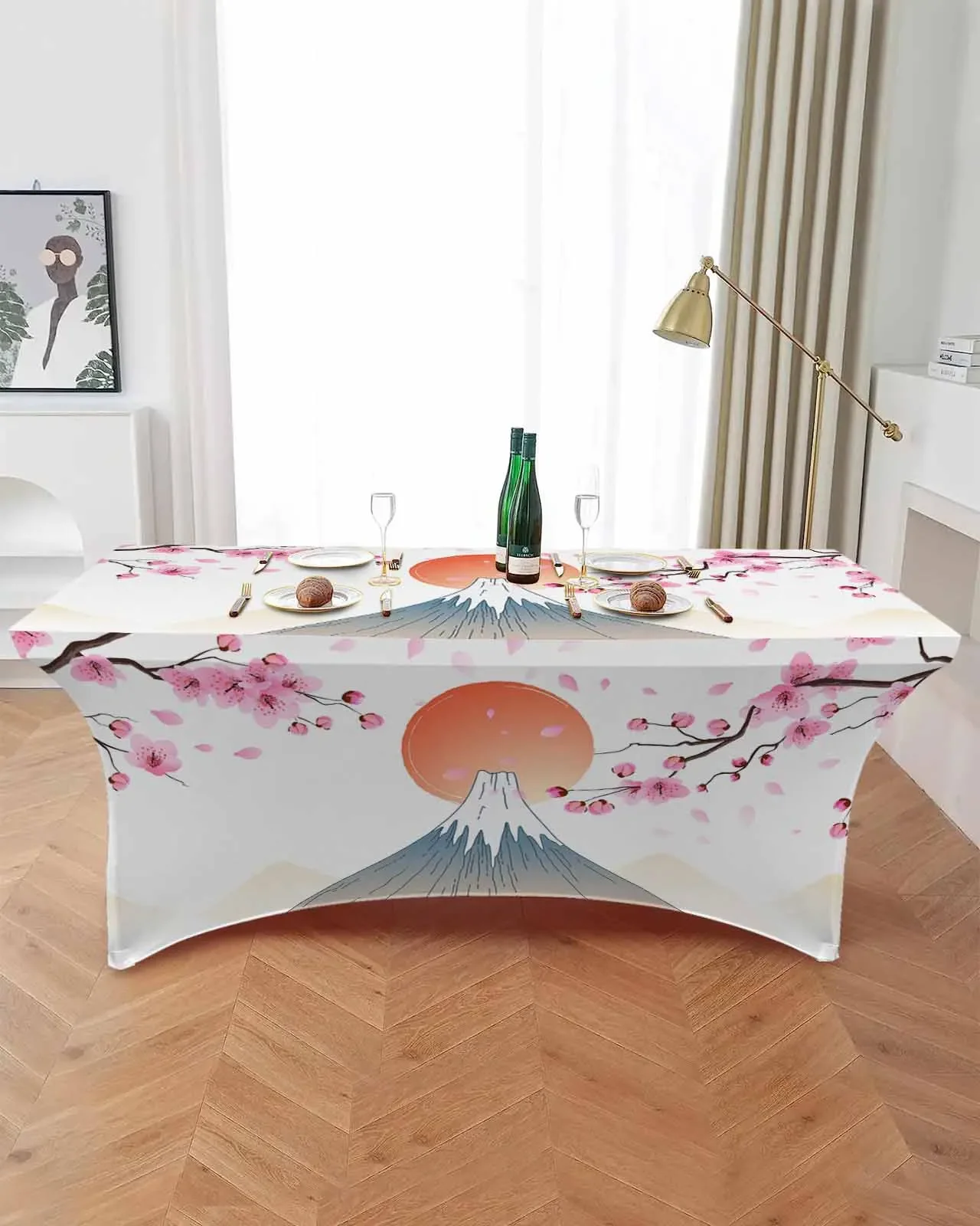 Japanese Style Mt. Fuji Sakura Cherry Blossom Elastic Table Skirt Wedding Hotel Birthday Table Cover Buffet Table Tablecloth