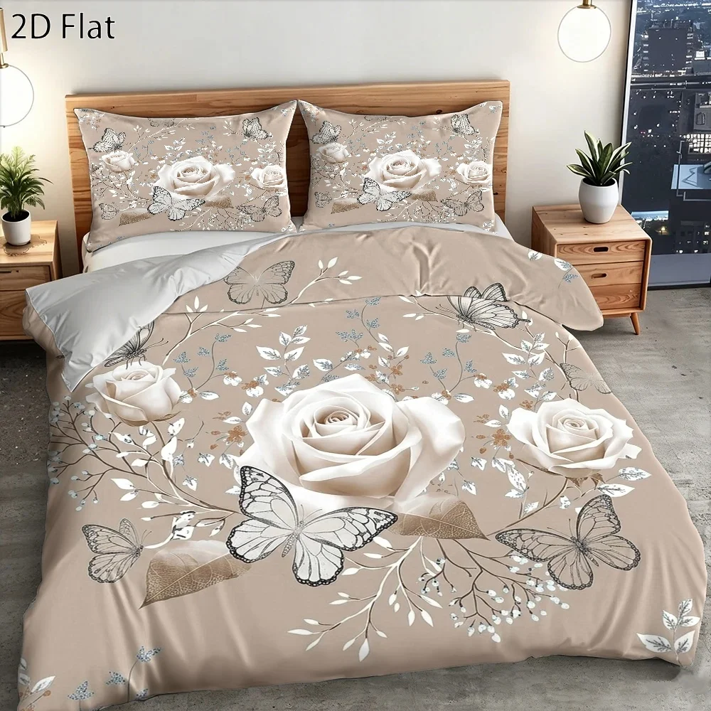 3Pc Butterfly Rose Print Duvet Cover Set, Three-Piece Bedding Set (1*Duvet Cover + 2*Pillowcases), Suitable for All Seasons, Machine Washable, Invisible Zipper Design, Large Personal Bedspread, Suitable for Home, Dormitory, Master Bedroom, Guest Room, Fresh Floral Butterfly Pattern, Soft and Comfortable Bedding, Hot-Selling Bedding Set, Stylish and Simple Bedroom Decoration, High-Quality Skin-Friendly Bedding Set