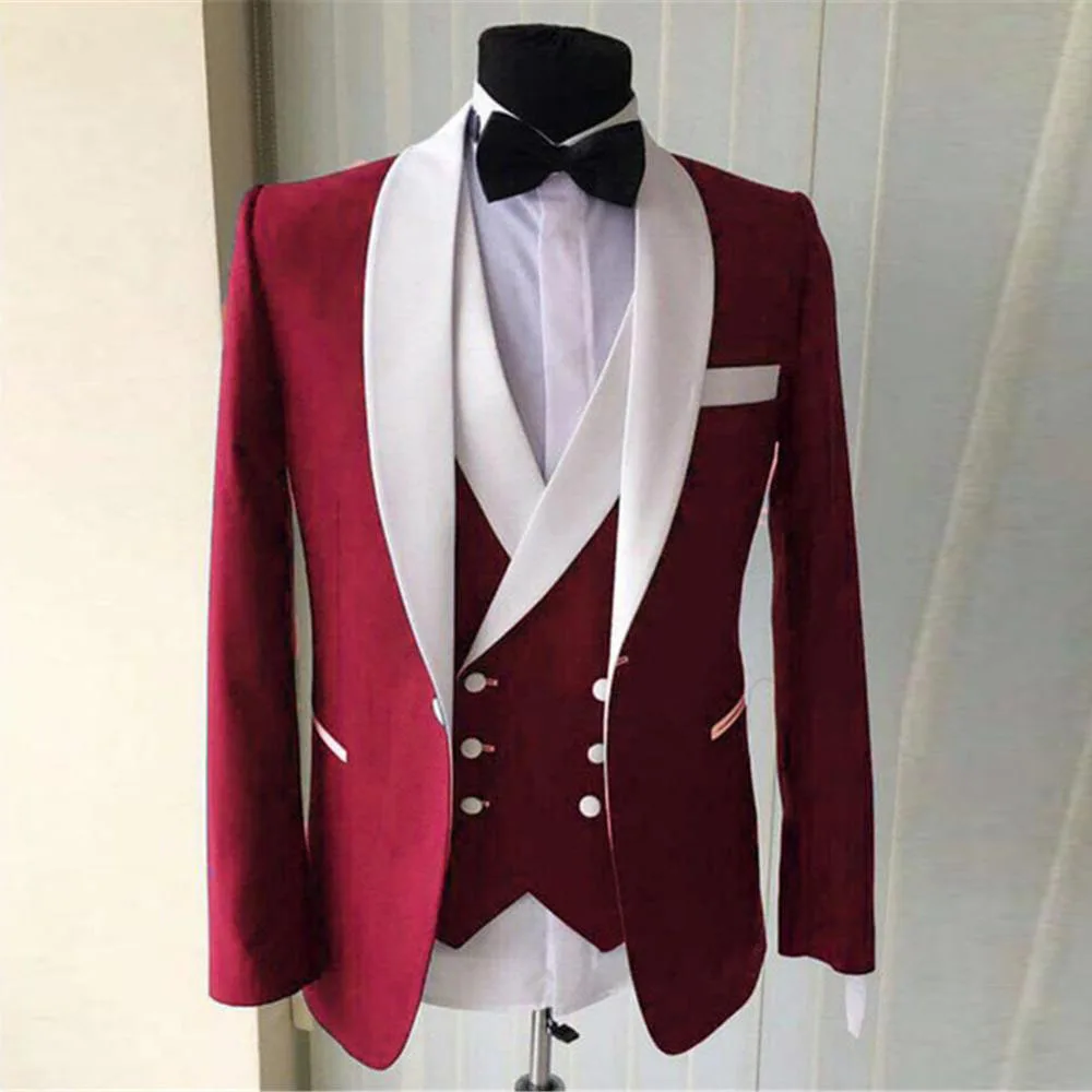 

Burgundy Mens Suits Groom Wear Tuxedos 3 Piece Wedding Suits Groomsmen Best Man Formal Party Suit For Men (Jacket+Pant +vest)