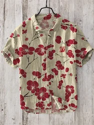 Short Sleeved Shirt with Sakura Pattern, Japanese Vintage Art Linen, Bamboo Joint Cotton Shirt, Casual Hawaiian Vacation