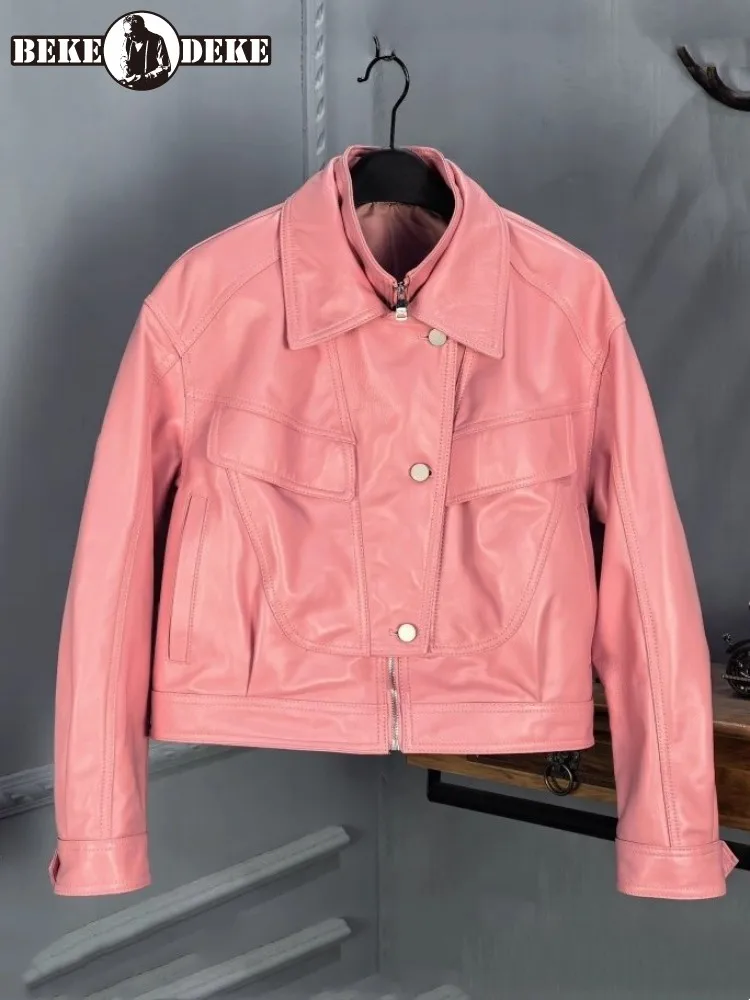 Giacca da donna in vera pelle primavera manica lunga rosa Sheespkin streetwear colletto couverture personalità signora moto cappotto corto