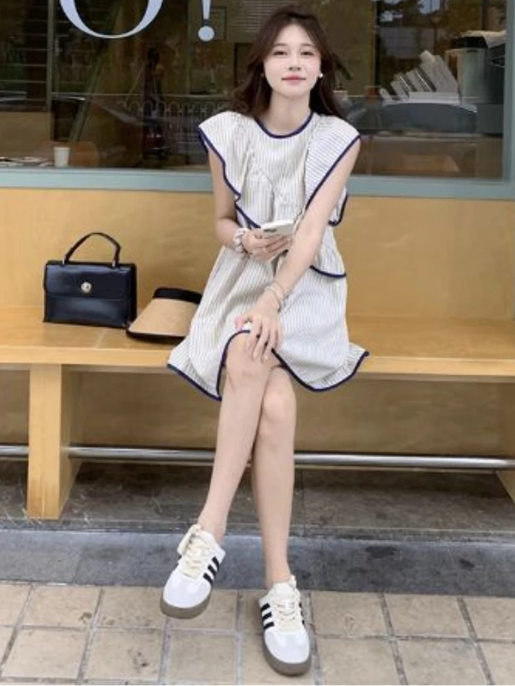 Striped Flying Sleeve Dresses Women Ruffles Irregular Mini Sweet Preppy Style Simple Vintage Tender Casual Korean Fashion Summer