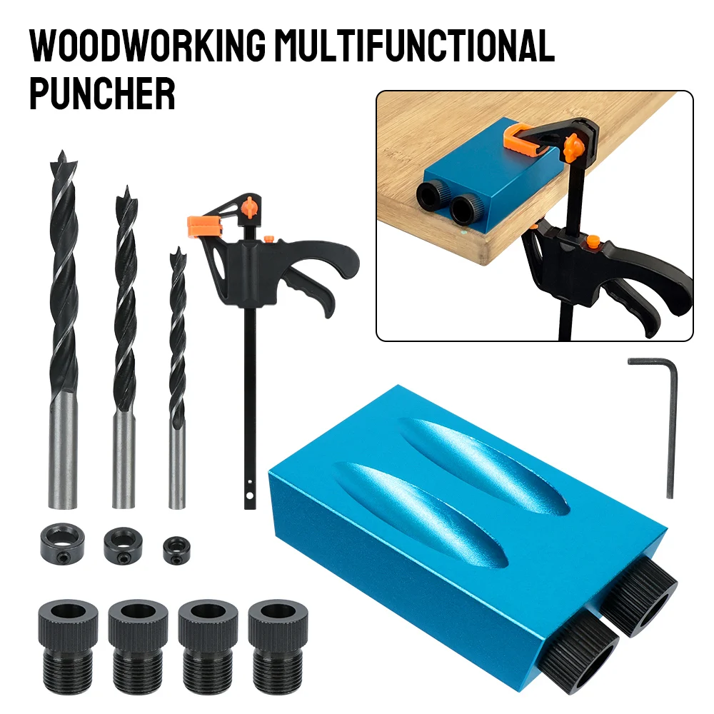 Woodworking Hole Drilling Guide Locator 15 Degrees Pocket Hole Jig Kit 7/14/15Pcs Hole Puncher With Drill Bit Set