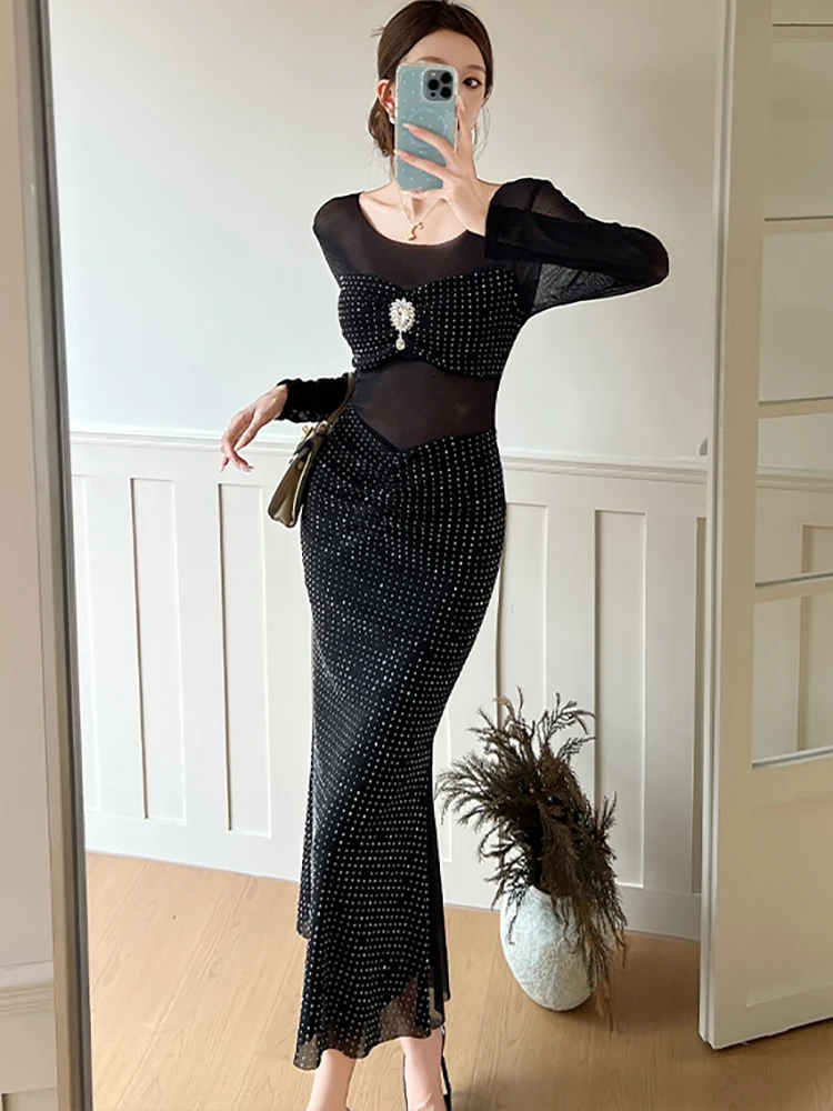 2025 diamantes pretos retalhos malha pura sexy vestido longo outono manga longa elegante vestido babados feminino coreano vestido de baile de luxo