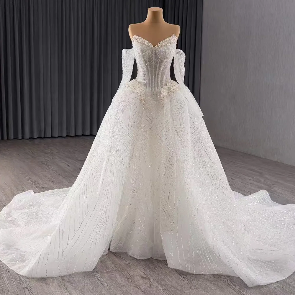 

Luxury Sweetheart Bridal Dress With Detachable Sleeves Pearls Sequined Lace Up Back Customized Ball Gown For Wedding