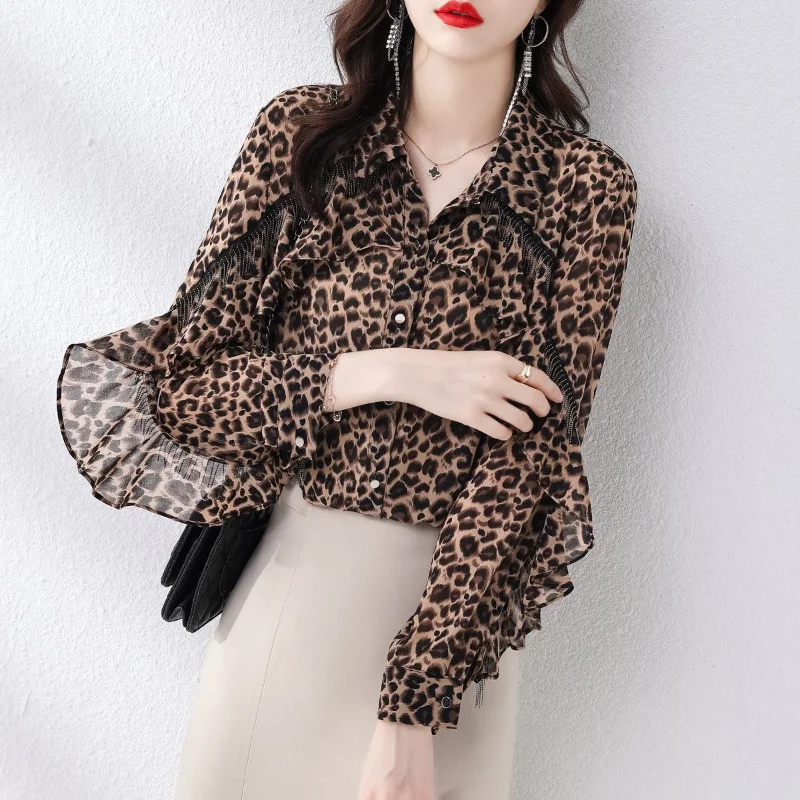 Long Sleeve Tassel Temperament Women\'s Clothing Sexy Leopard Commute Lapel Single-breasted Spring Simplicity Casual Tops Shirt