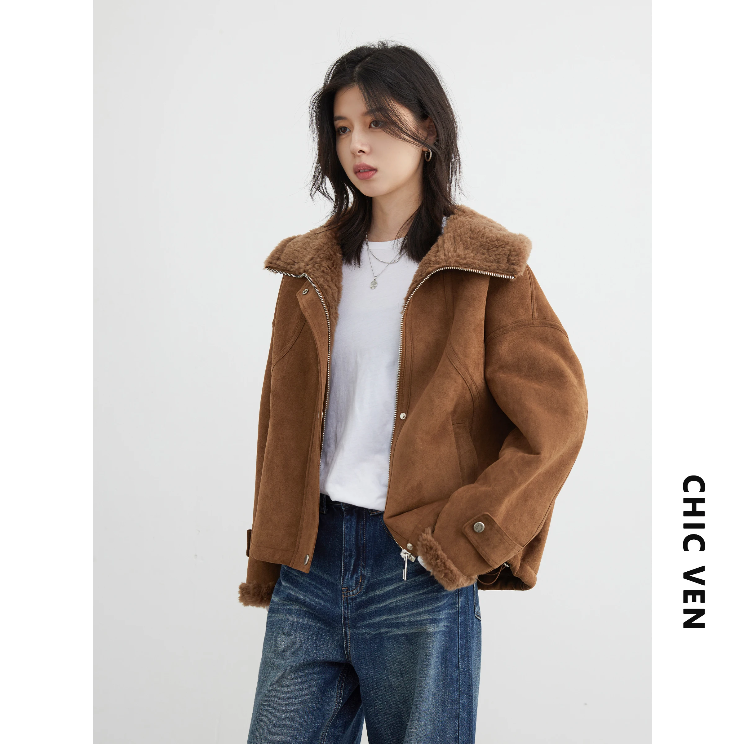 CHIC VEN Fashion Women Jackets Solid Coffee Loose Casual Retro Motorcycle Female Suede Oversize Coat Autumn Winter 2026