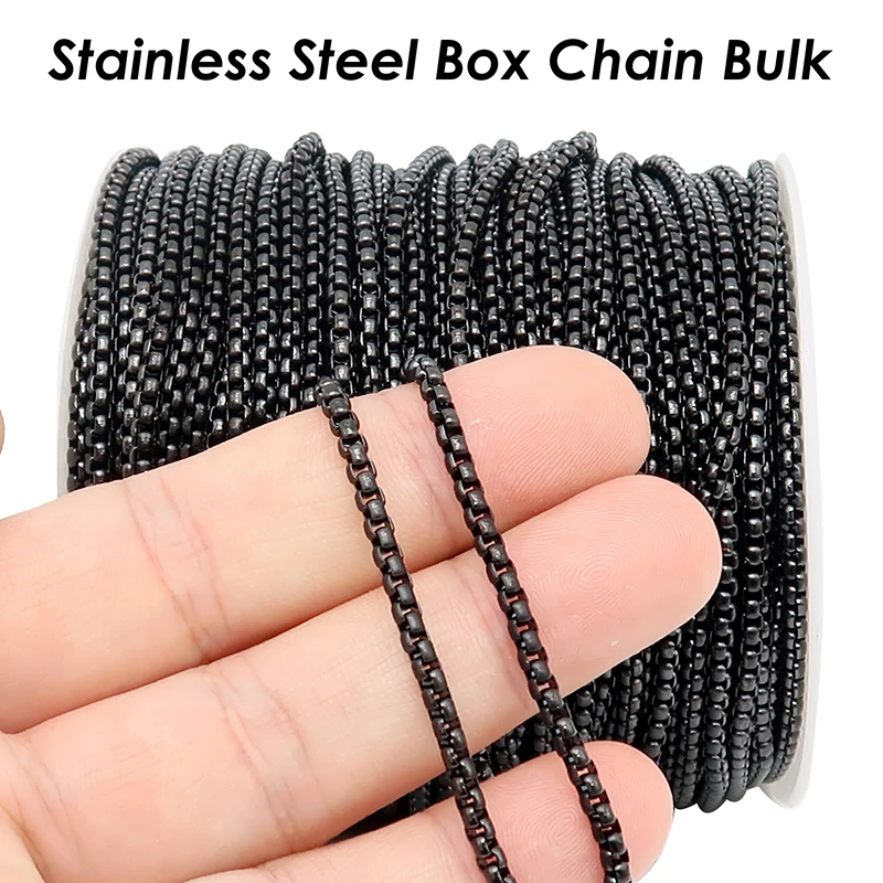 10M Edelstahl-Kastenkette, Gold PVD Schwarz, Anlaufgeschützt, 2mm 3mm 4mm, Großpackung Runde Kastenketten für Halsketten, Armbänder und Schmuckherstellung – Detail 5