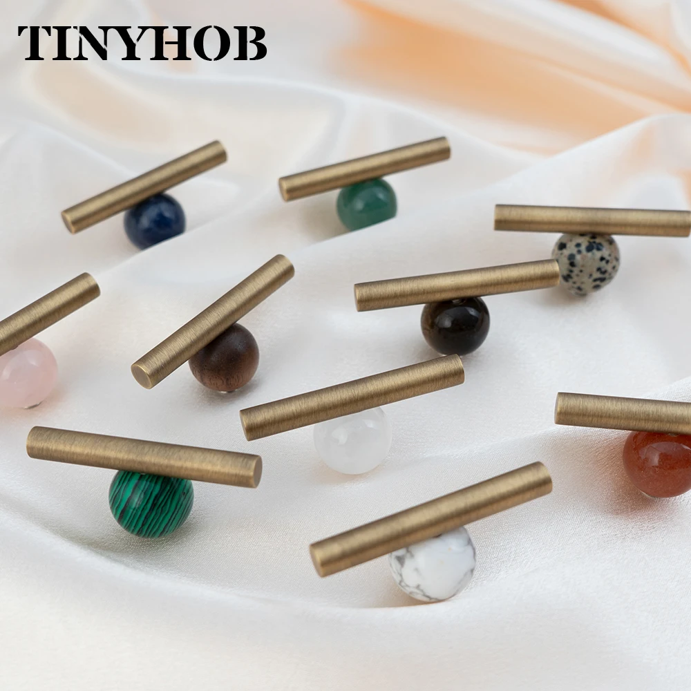 TINYHOOB Brass T Bar Cabinet Handles Natural Gemstone Ball Drawer Pulls Modern Furniture Knobs for Kitchen Wardrobe Decor