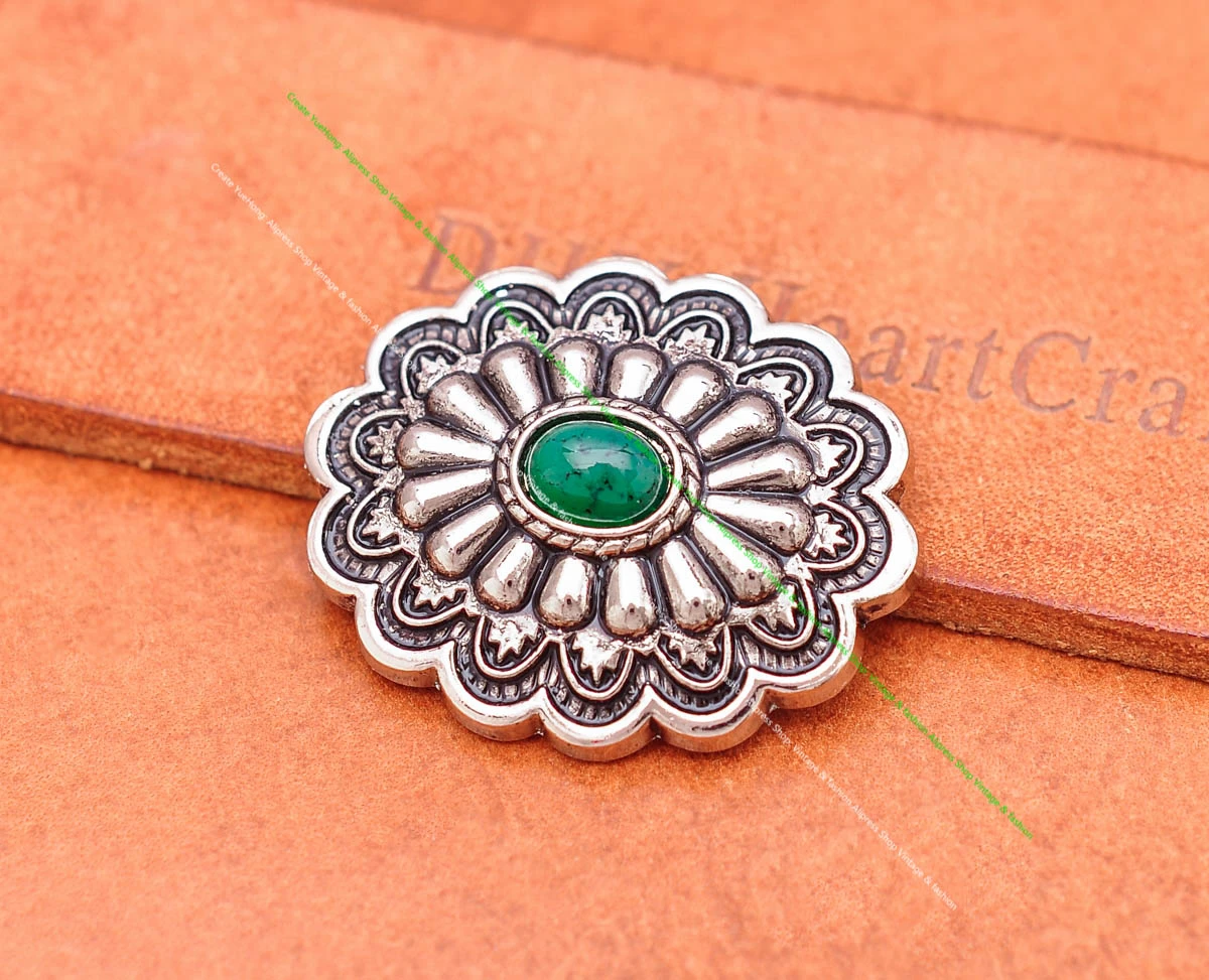 35*28MM Antik Silber Ethnische Indische Blumenkunst Himmelblau Türkis Concho Screwback Für Lederhandwerk Gürteltasche Hut Hardware – Detail 17