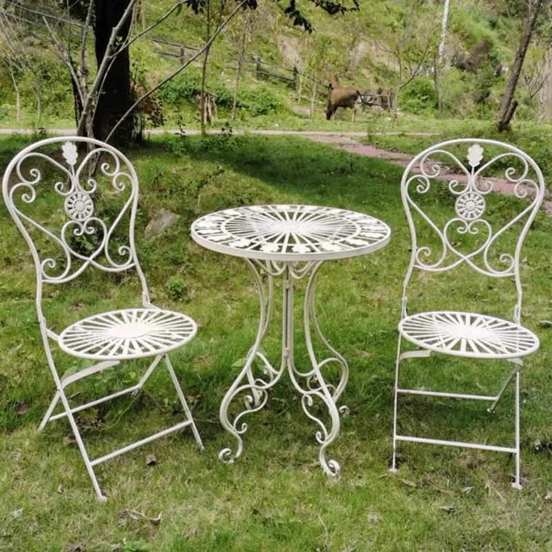 French Vintage Iron Table and Chairs Hollow-out Cafe Garden Chairs Rustic Metal Backrest Seat for Courtyard Ins Patio Furniture image 5
