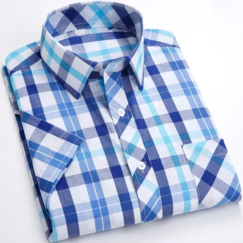 

New Summer Mens Designer Shirt Short Sleeve Casual 100% Cotton Plaid Thin Middel-aged Dad Daily Home Trip Clothes Oversized 8XL