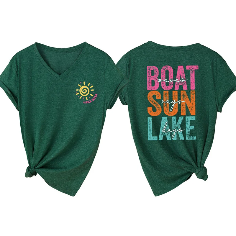 

New summer cotton personalized V-neck short sleeve boat waves sun rays lake days lake double-sided printed T-shirt top