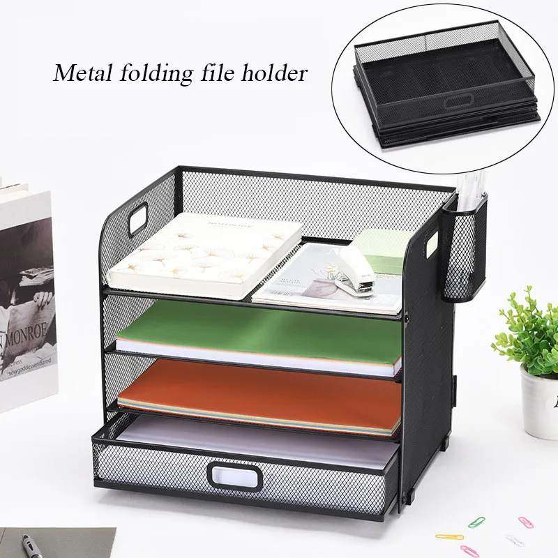 Metal Four-layer File Rack Multifunctional Removable And Durable Office Desktop Data Storage Tray with Side Window