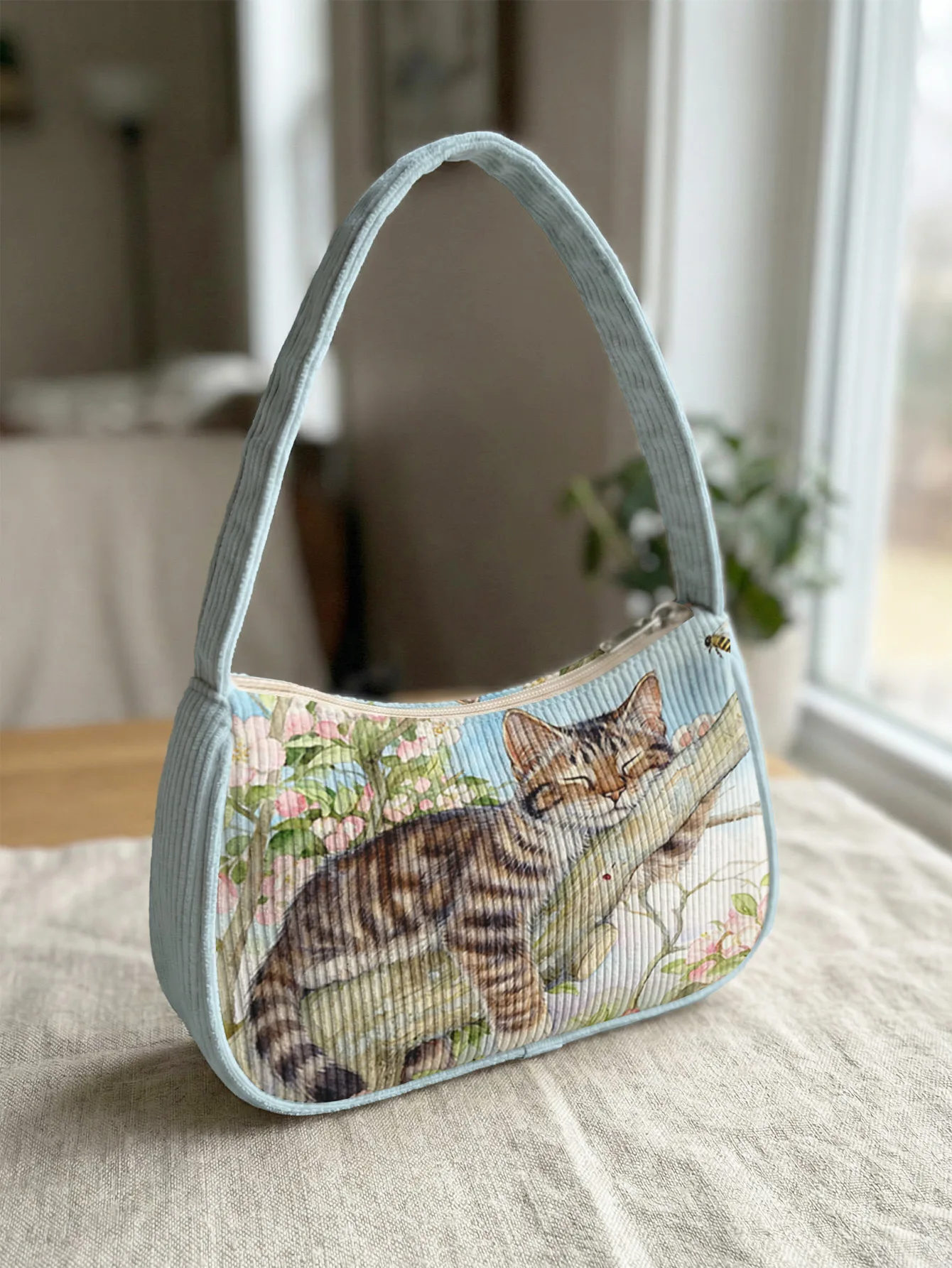 Trendy Cute Cat Print Shoulder Bag, Light Blue Corduroy Underarm Bag