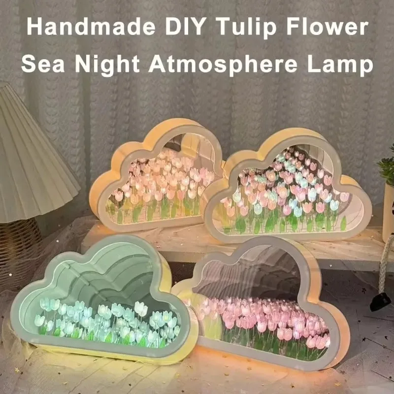 DIY Tulip Cloud Mirror Night Light Romantic for Home Holiday Party Decor for Living Dining Room Wall USB Rechargeable Table Lamp