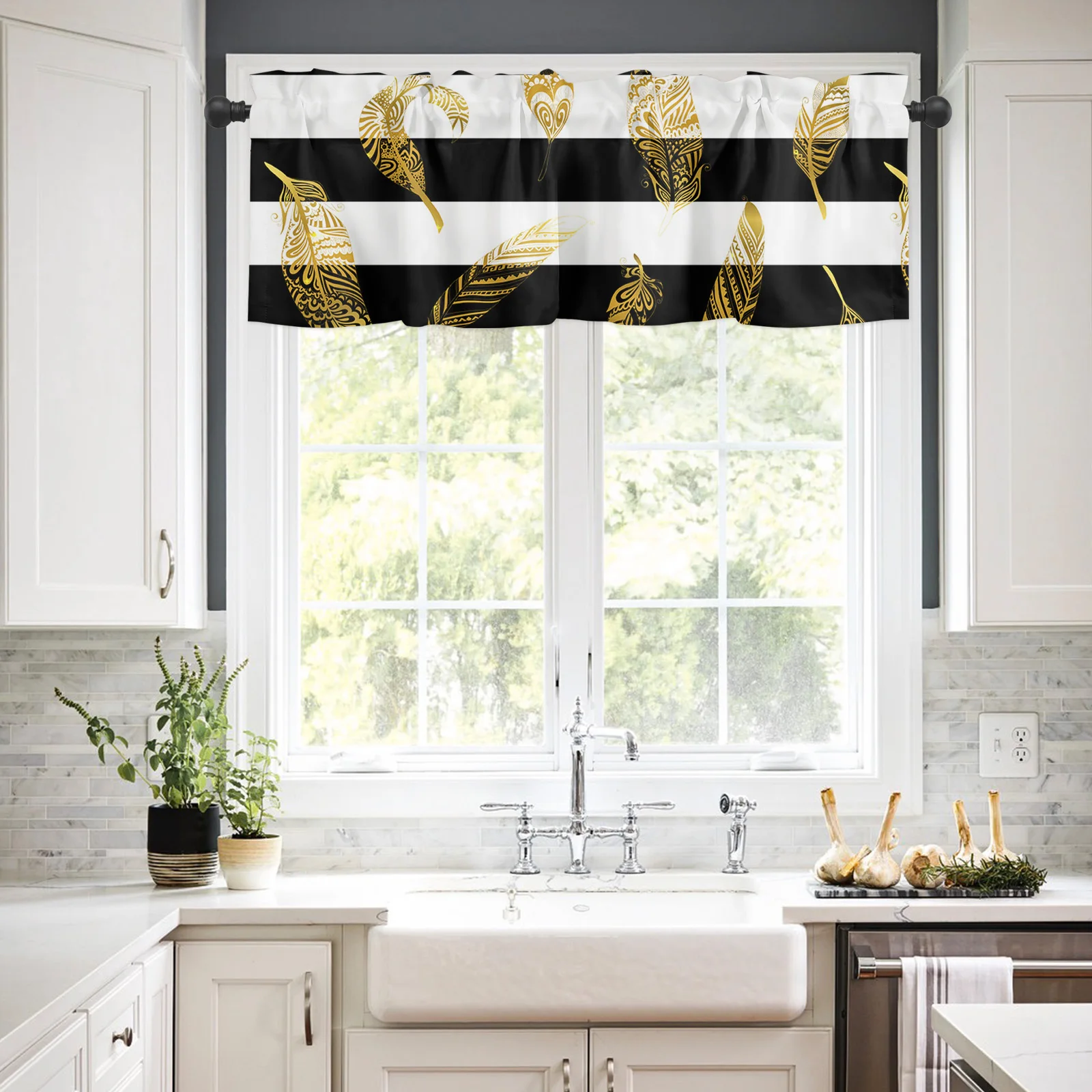 ZEDLIYU Valances for Windows Kitchen Living Room Small Window Valance Black and White Stripe Feather 1 Panel, 54 x 18 Inch