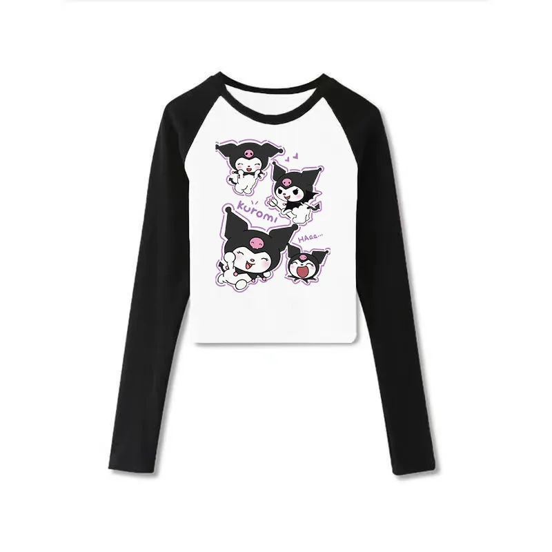 Sanrio Kuromi  Printed Slim Fit Shoulder Long Sleeved T-shirt Women New Patchwork Color Contrast Kawaii Clothes Crop Top Women